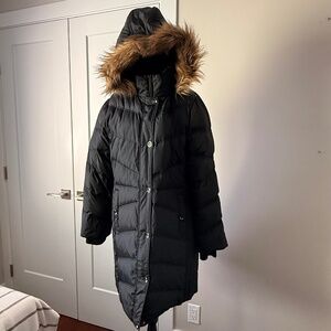 Coldwater Creek Long Black Puffer Coat w/ Faux Fur Hood – Women’s Size L (14)